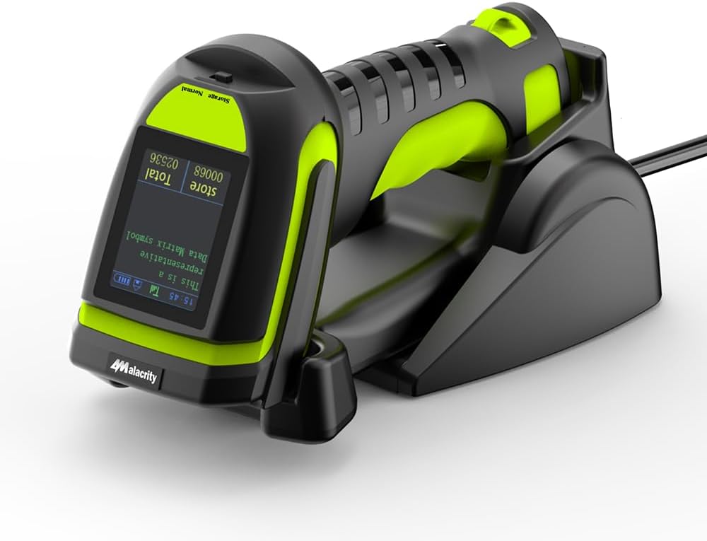 Alacrity Wireless Charging Barcode Scanner with Display Screen, 1D/2D Symbologies, Global Shutter Sensor, Long-Distance 433MHz Wireless & Bluetooth Connectivity, Industrial Shock and Dust-Proof, Green