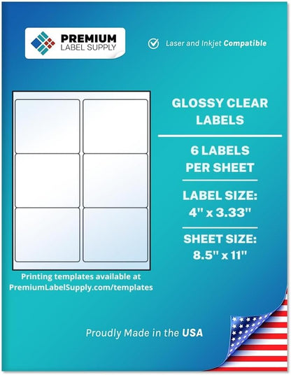 Premium Label Supply Glossy Clear Mailing Labels – 4" x 3.33" – Laser/Inkjet Compatible – (6 per Sheet), 100 Sheets – 600 Total Adhesive Labels