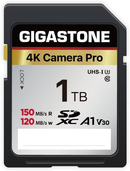 【5-Years Data Recovery】 GIGASTONE 1TB SDXC Memory Card 4K Pro Series Camera Transfer Speed Up to 150MB/s Compatible with Canon Camcorder, A1 V30 UHS-I Class 10 for 4K UHD Video