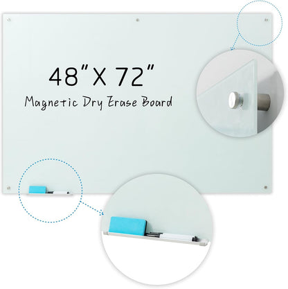 Glass Magnetic White Board – 72 x 48 Inches Dry Erase Frameless Whiteboard for Wall, Large Writing Board Wall Mounted Glass Board for Display, School and Business Office