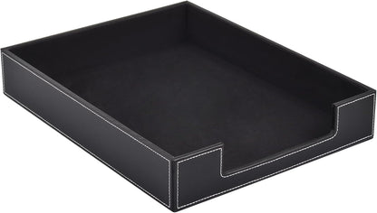 Leather 1-Layer Letter Tray Stackable File Document Tray,A4 Paper Case Rack Desk Office Supplies Organizer Holders,Desktop Organization, Pen Mail Magazine Storage Box(Black)
