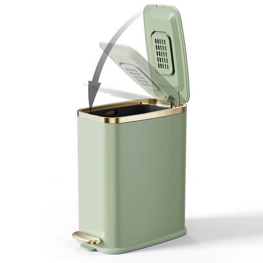 CEROELDA Small Bathroom Trash Can with Lid Soft Close-5L/1.3 Gal Slim Garbage Can-Metal Step Wastebasket-Rectangle Narrow Waste Bin for Office, Bedroom, Toilet, Live Room-Green