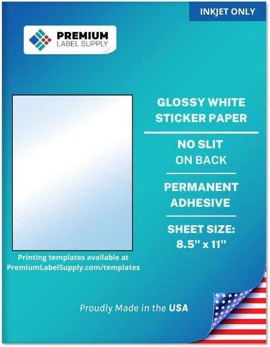 Premium Label Supply Glossy White Sticker Paper – 8.5" x 11" Full Sheet Labels – Inkjet Printers Only – 10 Sheets - Letter Size