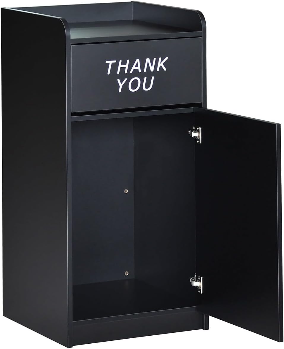 Flash Furniture Sony Laminate Wood Commercial-Grade Trash Receptacle with Tray Top, Wooden Restaurant Trash Can Cabinet and Garbage Receptacle, Black