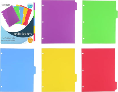 6 Sets 5 Tab Binder Dividers, Plastic Binders Dividers with Tabs Colorful Big Tab Fit Standard 8.5 X 11 Sheets, Dividers for 3 Ring Binder