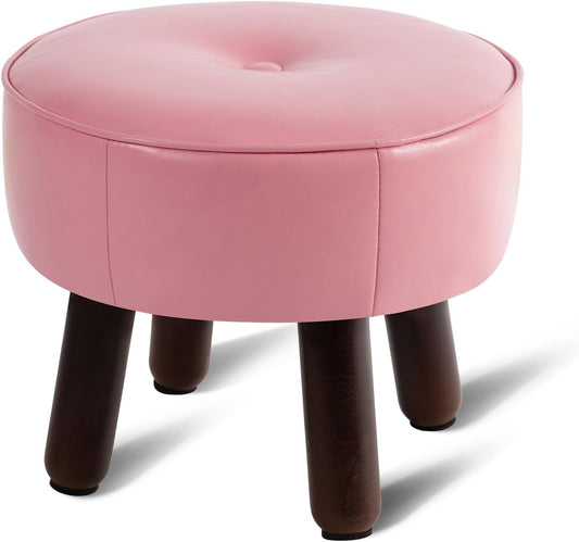 Small Foot Stool Round Pouf Ottoman, 13'' Leather Foot Rest with Non-Skid Rubber Legs, Foolstool Ottomans for Couch, Sofa Footrest Step Stool for Living Room Bedroom Entryway Office, Pink