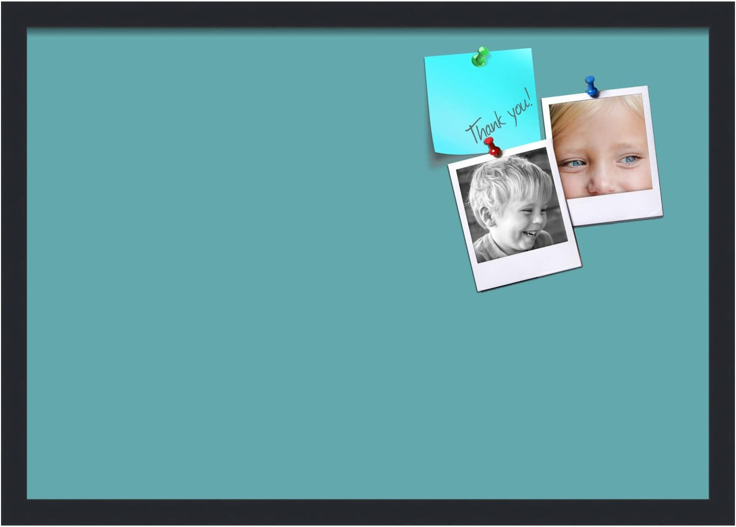 PinPix 26x18 Inch Cork Bulletin Board. This Decorative Framed Pin Board Comes with Aqua Pastel Design and a Satin Black Frame. Ideal for Home Office Decor or Message Board (PinPix-1806)