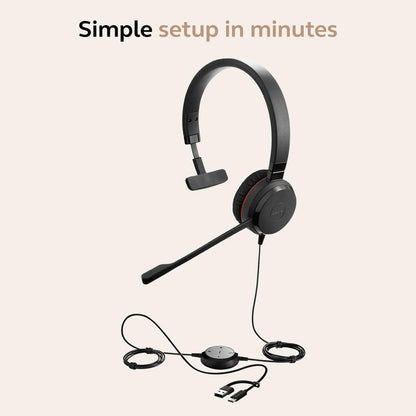 Jabra Evolve 30 II Wired Single-Ear Headset with Mic for Work - 3.5mm Jack, USB-A/USB-C Connectivity, Computer Headset with Noise-Cancelling Microphone, Works with Online Meeting Platforms - Black