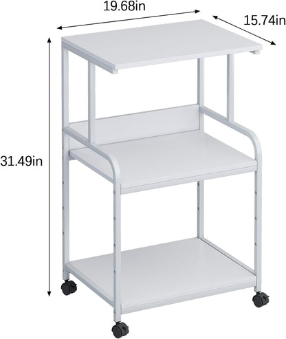 Printer Stand with Storage Shelf,3 Tier Printer Cart with Wheels,Mobile Printer Table for Home Office,Stands for Printer Heat Press Scanner Fax,Industrial Style (White)