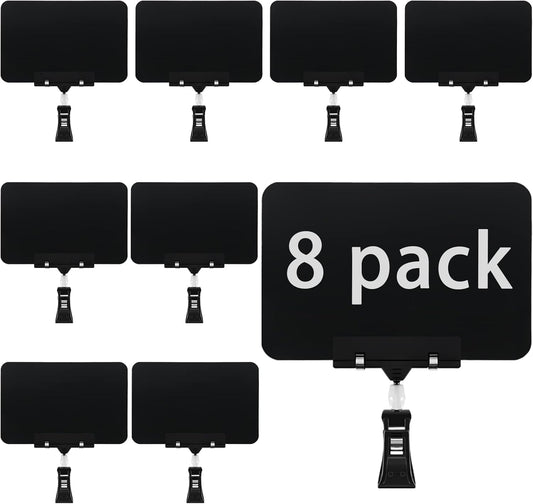 8 Pack Rotating Clip Pop Swivel Sign Rotatable Holding Clamp Sign Holder, Plastic Merchandise Sign Display Clip Holder with 2 Chalk Markers for Food, Store Signs Displays, black