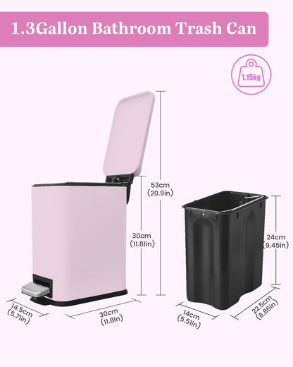 Pink Trash Can, 1.3 Gallon Bathroom Trash Can with Lid, Stainless Steel Pedal Trash Bin Removal Inner Bucket, Small Grabage Can for Bathroom,Bedroom,Home Office