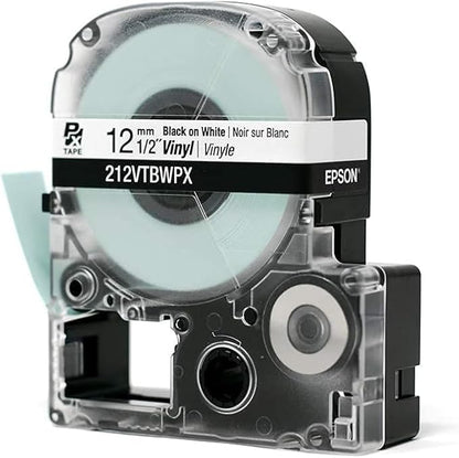 Epson LABELWORKS 212VTBWPX-5PK Genuine Tape Cartridge - 5 Pack Black on White Flexible and Durable Vinyl Industrial Label Maker Tape - 1/2" (12MM) Wide, 22.9 ft - 5 Cartridges