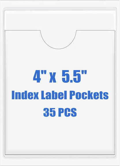 Origin-Joy 35 PCS Self Adhesive Index Card Pockets with Top Open, Clear Plastic Label Holder for Notes, Library and Business, Adhesive Label Pockets & Holder (4 x 5.5 inch)