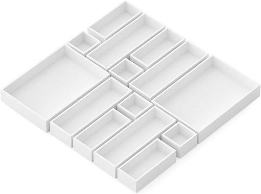SpaceAid 14-Piece Bamboo Drawer Organizer Storage Boxes Set, Wood Tray Junk Drawer Organizers Multi-Use Divider Bins for Kitchen, Bathroom, Office Desk and Makeup Organization (14 Pack, White)