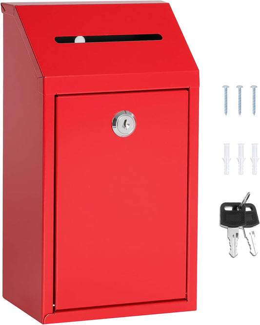 Metal Donation Money Cash Drop Box with Lock and Slot Suggestion Box Wall Mounted Ballot Container Mailbox Delivery for Home Office (Red, 10.24″ x 5.71″ x 2.95″)