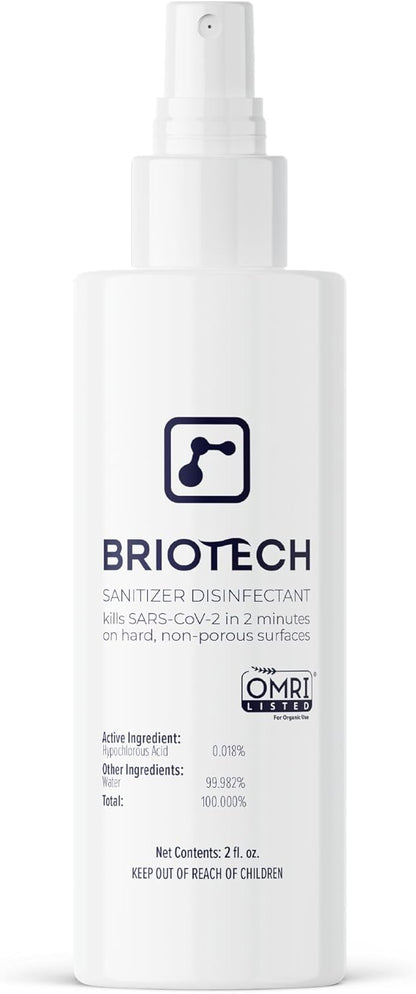 BRIOTECH Sanitizer Disinfectant Hypochlorous Spray, Kill 99.99% of Viruses & Bacteria, Control Mold, Eliminate Odor, Gentle for Nurseries, Food Contact Surface Sanitizer, 2 fl oz Travel Size