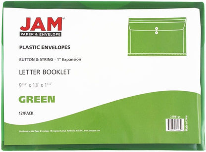 JAM PAPER Plastic Envelopes with Button & String Tie Closure - Letter Booklet - 9 3/4 x 13 - Green - 3/Pack