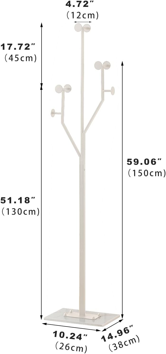 Heavy Duty Coat Rack Tree-shaped Metal Freestanding Coat Tree with Sturdy Marble Base Corner Coat Rack for Bedroom Entryway Hallway 14.96 x 10.24 x 68.9 Inches (White)