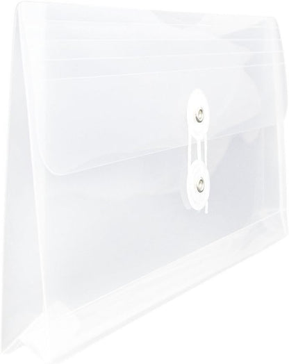 JAM PAPER Plastic Envelopes with Button & String Tie Closure - #10 Business Booklet - 5 1/4 x 10 - Clear - 12/Pack