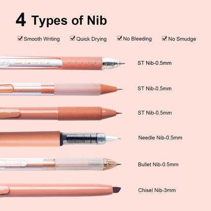 6 Count Pastel Gel Ink Pen Set,Cute Note Taking 0.5mm Fine Point Retractable 5 Count Black Ink Pens with 1 Count Highlighter for Writing, Journaling, School, Office (Caramel Brown)