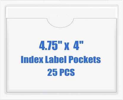 Origin-Joy 25 PCS Self-Adhesive Index Label Pockets, Clear Plastic Peel & Stick Card Holders with Top Open for Loading (4.75 x 4 inch)