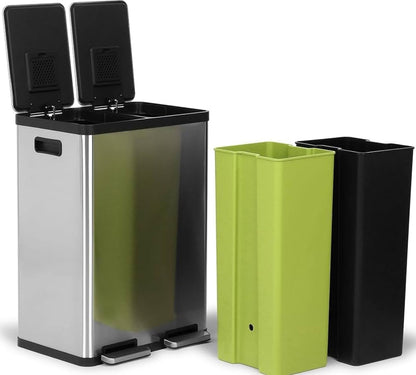 Simpli-Magic 16 Gallon (60L) Step Trash Can – Dual Compartment Kitchen Garbage Can with Waste & Recycling Bins – Slow-Close Lid, Odor Control, Hands-Free, Inner Bases, Premium Stainless Steel