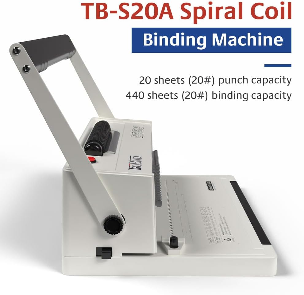 TruBind Coil Binding Machine with Electric Coil Inserter and Adjustable Side Margin | 20 Sheet Punch Capacity | Bind up to 440 Sheets | 46 Fully Disengageable Dies | 4:1 Pitch | 2-Year Warranty