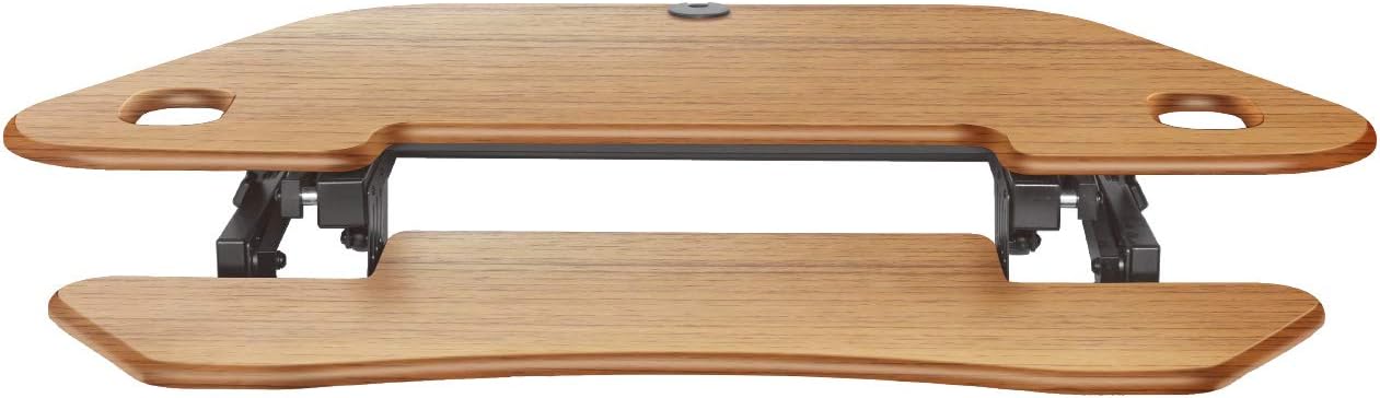 Rocelco 46" Height Adjustable Corner Standing Desk Converter with Dual Monitor Arm Mount Bundle - Sit Stand Up Tabletop Computer Workstation Riser - Extra Large Keyboard Tray - Teak (R CADRT-46-MA2)