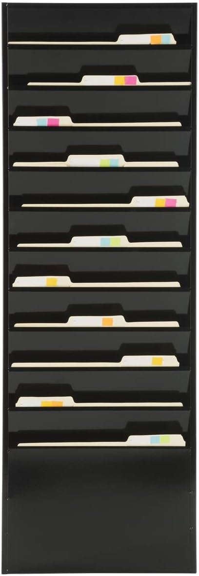 Displays2go File Folder Wall Rack with 11 Tiered Pockets, Shows Only The Top Portion of a File Folder, Office Filing Rack for Wall Mount - Black Powder-Coated Steel