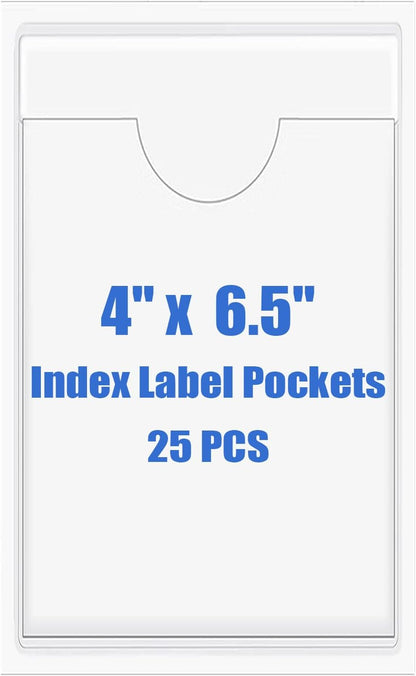 Origin-Joy 25 PCS Self-Adhesive Index Label Pockets, Clear Plastic Peel & Stick Card Holders with Top Open for Loading (4 x 6.5 inch)