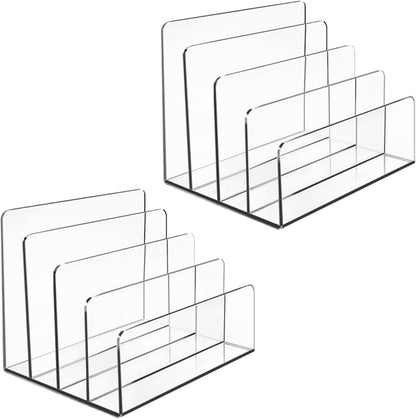 Acrylic Desk File Organizer 2 Pack, 4 Section Letter Organizer, Clear Folder Holder, Desktop File Holder for Document, Notebook and Newspaper, Clear Desk Storage Rack for Home and Office Use