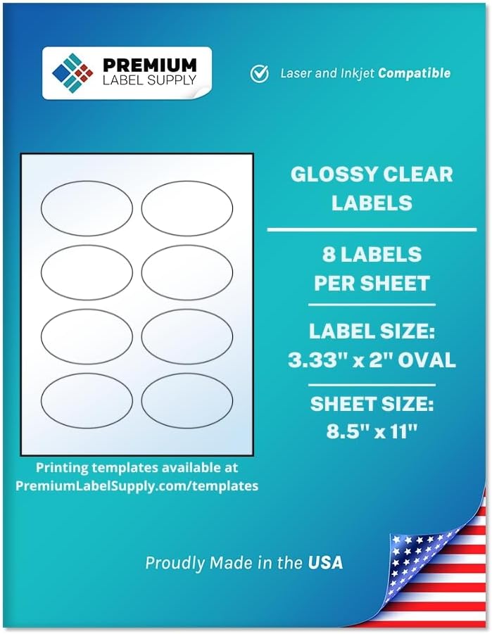 Premium Label Supply Glossy Clear Oval Labels – 3.33" x 2" Oval – Laser/Inkjet Compatible – (8 per Sheet), 25 Sheets – 200 Total Adhesive Labels