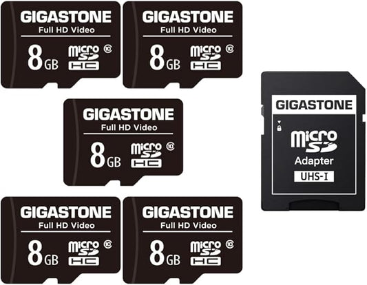 GIGASTONE 8GB Micro SD Card 5-Pack, High Read Speed up to 80MB/s. Ideal for Portable Full HD Video, U1 C10 Micro SDHC UHS-I Card with 2 Mini Cases and 1 SD Adapter.