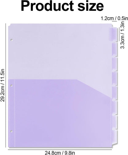 Koqye A4 Dividers for 3 Ring Binder, 8-Tab Purple Folder Dividers with Pockets, Durable Plastic Binder Dividers with Tabs, Plastic Binder Dividers for Binders (Purple - 1 Set)