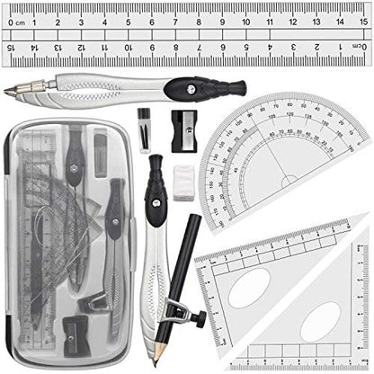 Professional Geometry Compass Set, Starter Compass Set Includes 2 Drafting Compasses, Protractor, 2 Set Squares, Ruler in Storage Box, Back-to-School Math Supplies for Students, Black