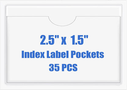 Origin-Joy 35 PCS Self Adhesive Index Card Pockets with Top Open, Clear Plastic Label Holder for Cards of Note, Library and Business, Adhesive Label Pockets & Card Holder (2.5 x 1.5 inch)