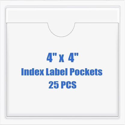 Origin-Joy 25 PCS Self-Adhesive Index Label Pockets, Clear Plastic Peel & Stick Card Holders with Top Open for Loading (4 x 4 inch)