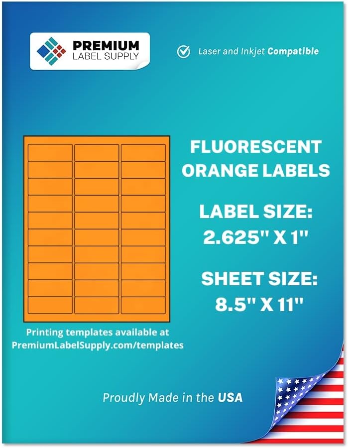Premium Label Supply Bright Neon Color Fluorescent Stickers - 2.625" x 1" Address Labels - (Fluorescent Orange, 750 Labels)