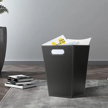 KINGFOM Classic Pu Leather Trash Can Wastebasket, Garbage Container Bin with Handles for Bathrooms, Powder Rooms, Kitchens, Home, Office and and High Class Hotel Square Black