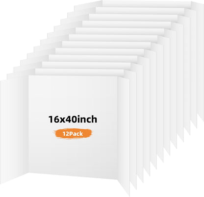 12 Pack Trifold Poster Board, 16x40 Inches White Presentation Board, Portable Display Board for Science Fair, School DIY Project and Business Exhibitions