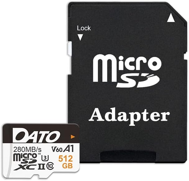 DATO 512GB Lightning microSD Card, UHS-II, A1, C10, U3, V60, Full HD, 4K, Up to 280/180 MB/s microSDXC Memory Card with Adapter, for Phones, Cameras, Portable Gaming Devices