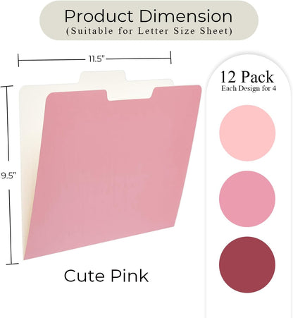 Y YOMA 12 Pack Colored File Folders Letter Size Gradient File Folder with 1/3-Cut Tab Cute Pretty Decorative Heavyweight Filing Folder File Organizers for Office School Home Desktop, Cute Pink