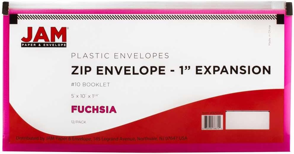 JAM PAPER Plastic Envelopes with Zip Closure - #10 Booklet Wallet - 5 x 10 - Fuchsia Pink - 3/pack