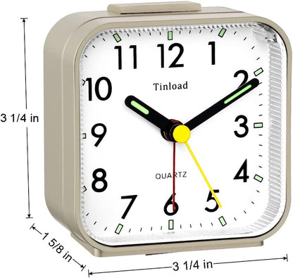 Small Battery Operated Analog Travel Alarm Clock Silent Non Ticking,Gentle Wake, Ascending Beep Sounds, Snooze,Lighted on Demand,Easy Set(Gold)