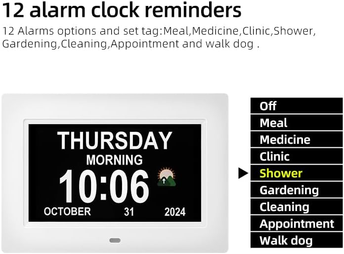 Digital Alarm Clock, Multiple Alarm Clocks Functions, Clock with Date and Day of Week, Dementia Clock That Provides Digital Alarms and Electronic Calendar for Seniors (White, 7 inches)