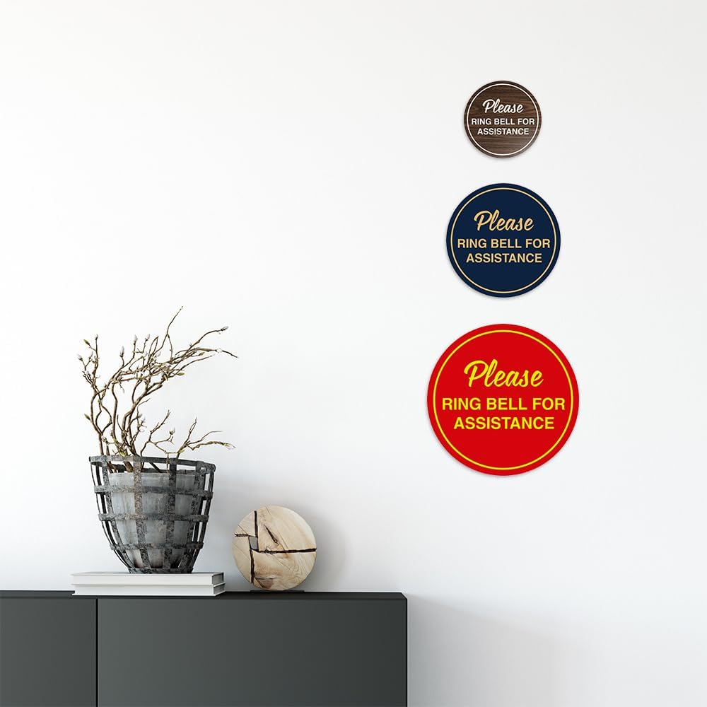 Signs ByLITA Circle Please Ring Bell For Assistance Wall or Door Sign | Easy Installation | Front Desk Reception Sign (Navy Blue/Gold) - Large (10 Pack)
