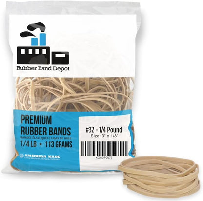 Rubber Band Depot, Size #32, Everyday Rubber Bands - Rubber Band Measurements: 3" x 1/8'' - Approximately 185 Rubber Bands Per Bag - 1/4 Pound Bag