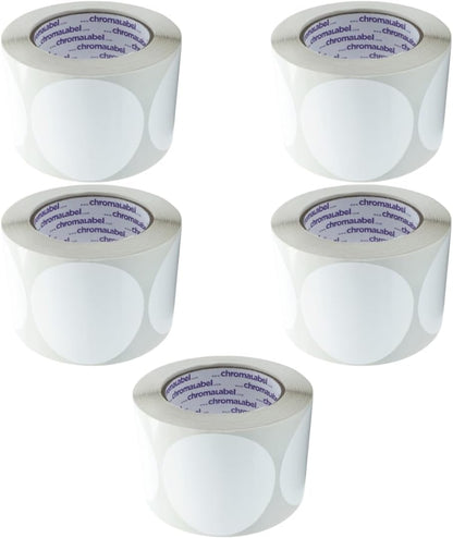 ChromaLabel 3 Inch Circle Sticker Labels, Blank Stickers to Write On, High Visibility Round White Stickers for Labeling and Organization, 500 Sticky Dots per Roll, White - Case of 5
