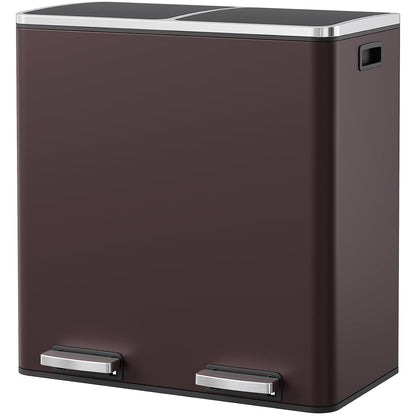 Arlopu 16 GallonStainless Steel Trash Can, 60L Dual Compartment, Metal Kitchen Step Recycle Bin, Metal Double Dustbin, in-Home Garbage Rubbish Can W/Removable Liner Buckets (Brown)