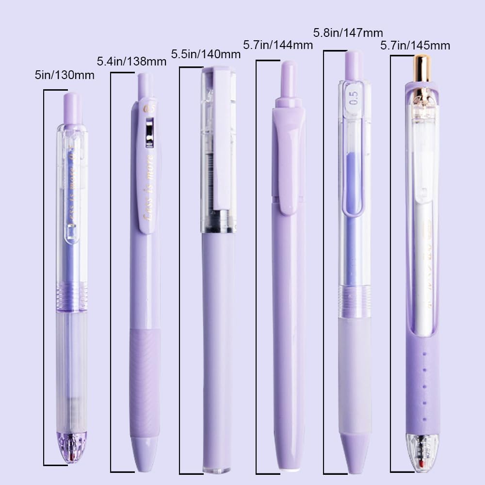6 Count Pastel Gel Ink Pen Set,Cute Note Taking 0.5mm Fine Point Retractable 5 Count Black Ink Pens with 1 Count Highlighter for Writing, Journaling, School, Office (Purple)